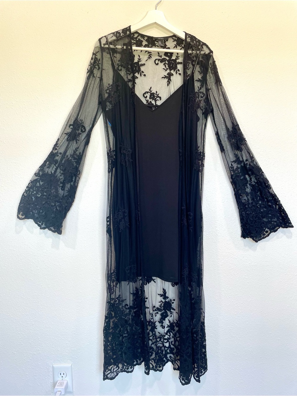 Two Piece Black Sheer Lace Duster and Mini Dress with rhinestone straps.